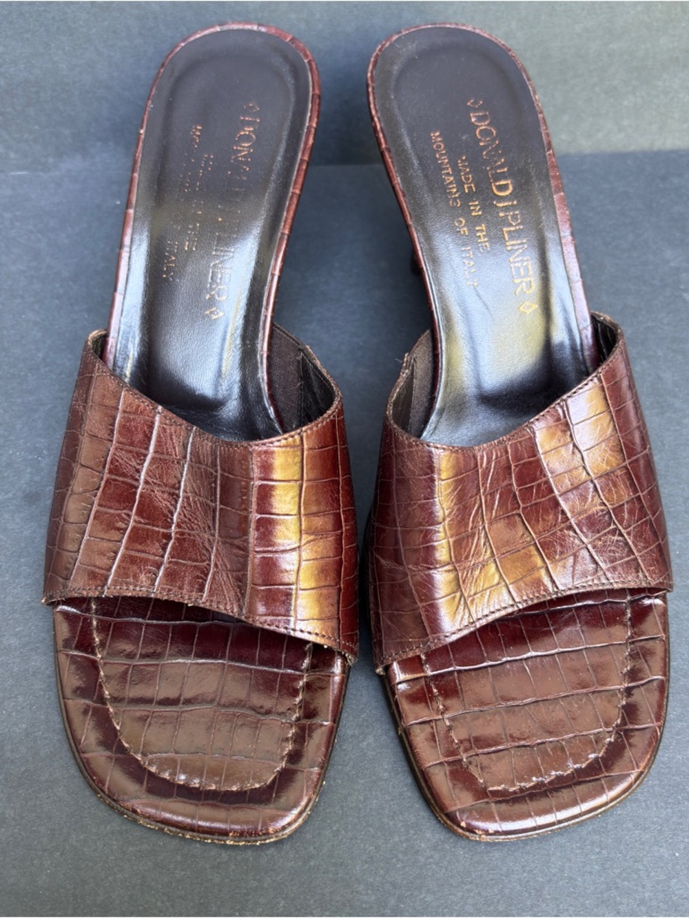 Donald J Pliner Oval Kitten Heel Sandals Womens 7.5 Brown Croc Print Square Toe - Picture 2 of 9